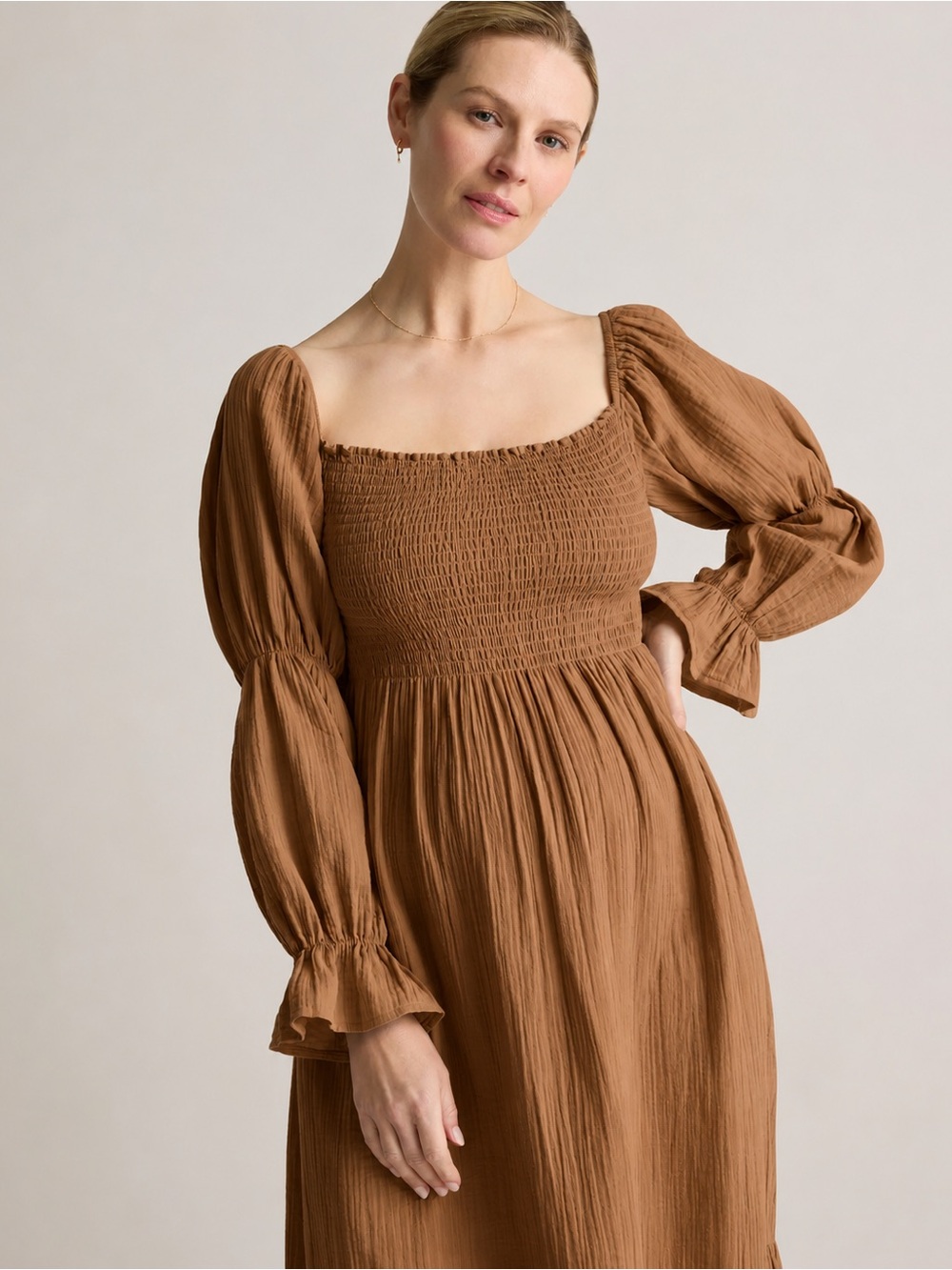 Quince Gauze Smocked Midi Dress-Caramel Brown Small 100% Organic Cotton - Picture 2 of 7